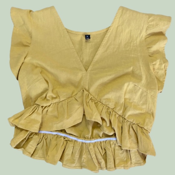 New York & Company Mustard Ruffled Blouse - Picture 1 of 5